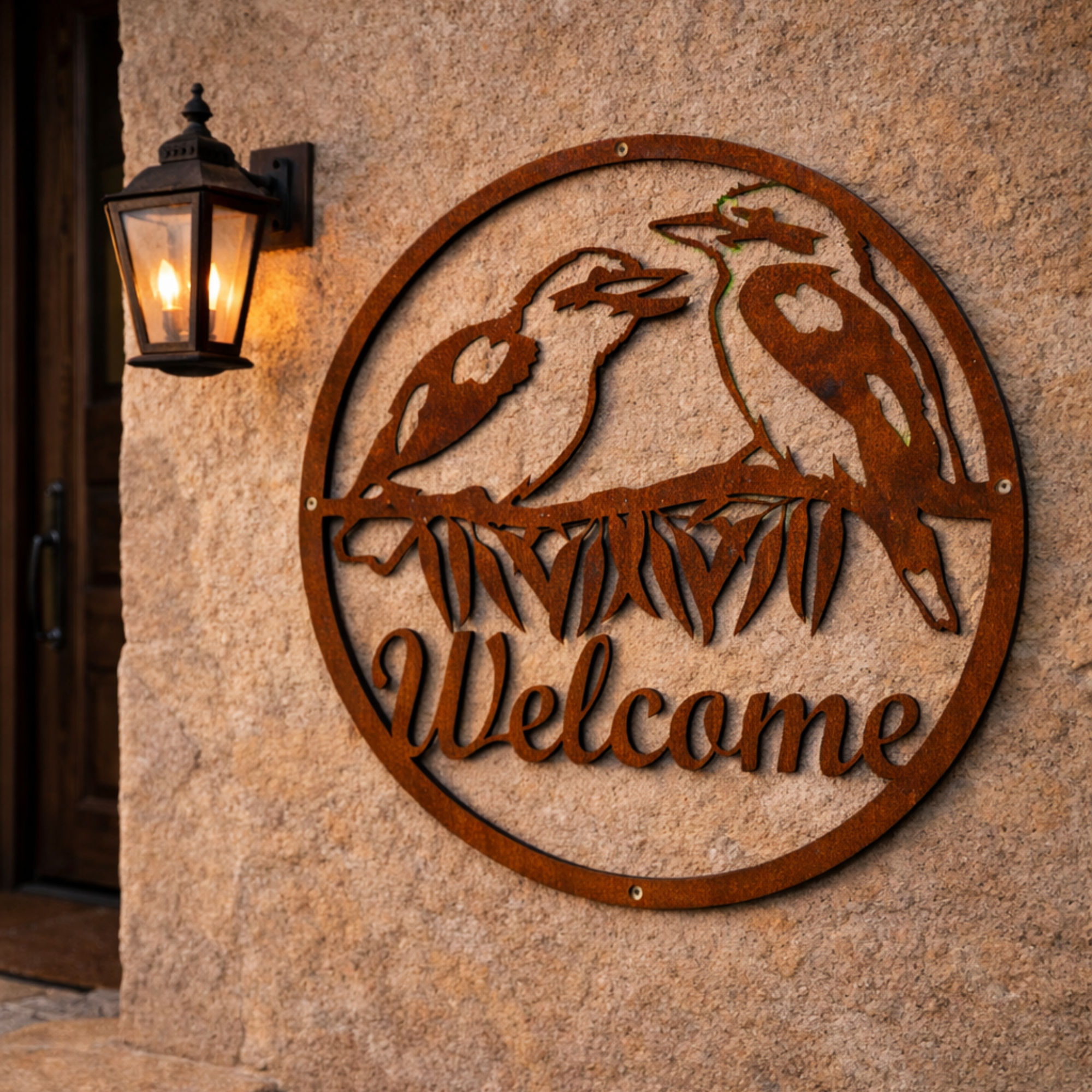 Welcome Sign Circle | Native Bird Corten Steel Entry Wall Art