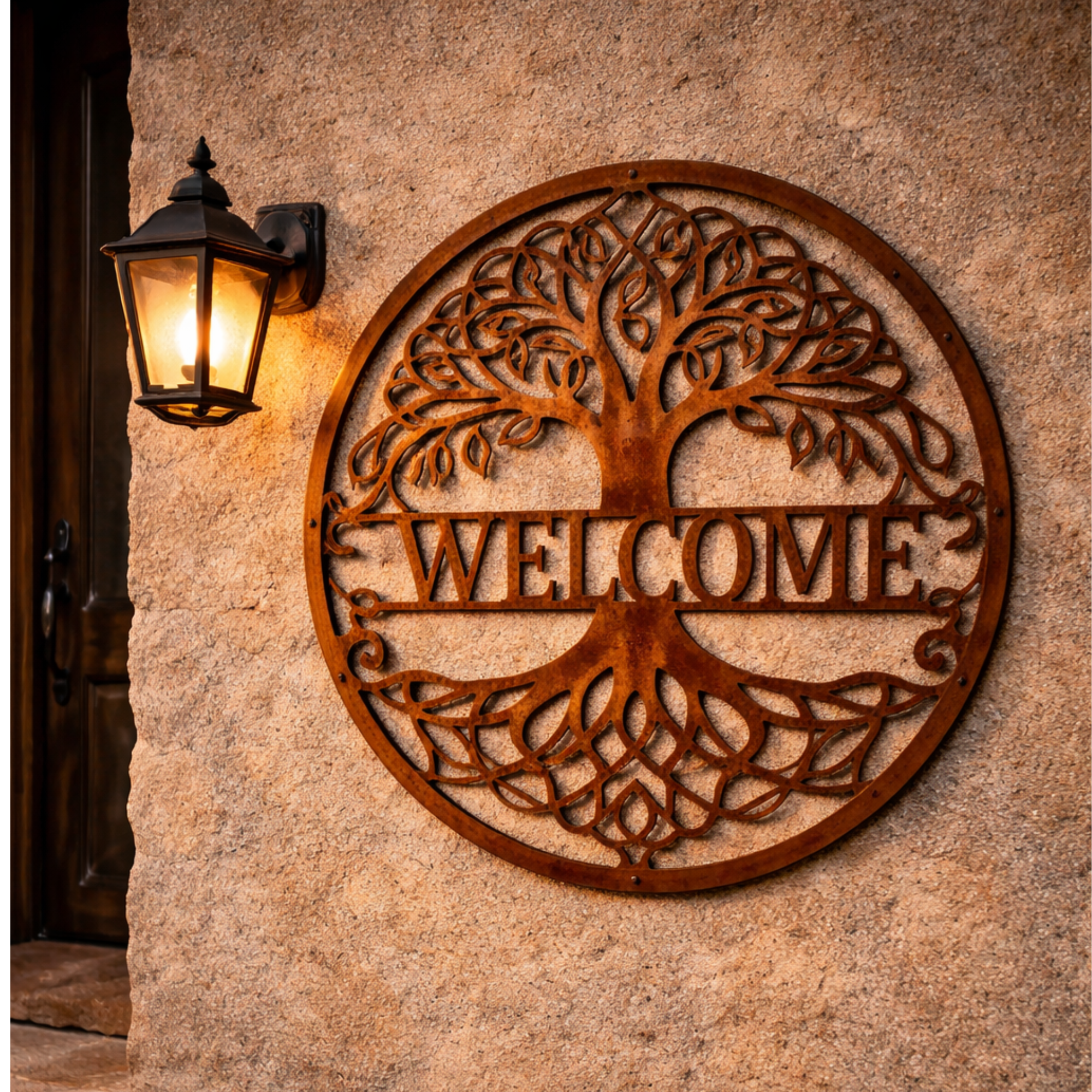 Welcome Sign Circle | Tree of Life Corten Steel Entrance Art