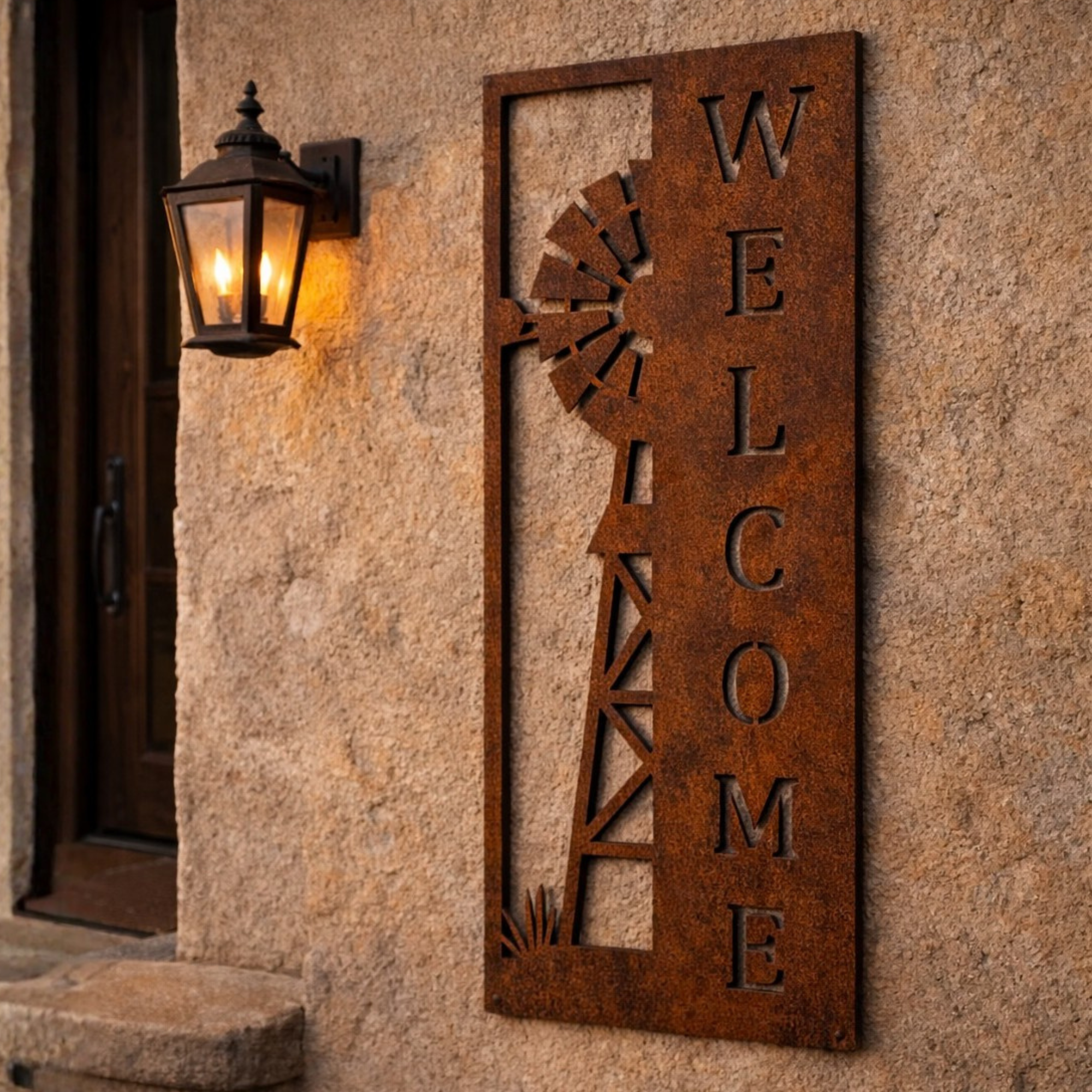 Welcome Sign Panel | Windmill Corten Steel Entry Art
