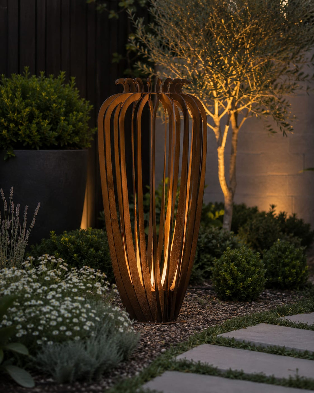 Urn Garden Sculpture | Modern Corten Steel Outdoor Art