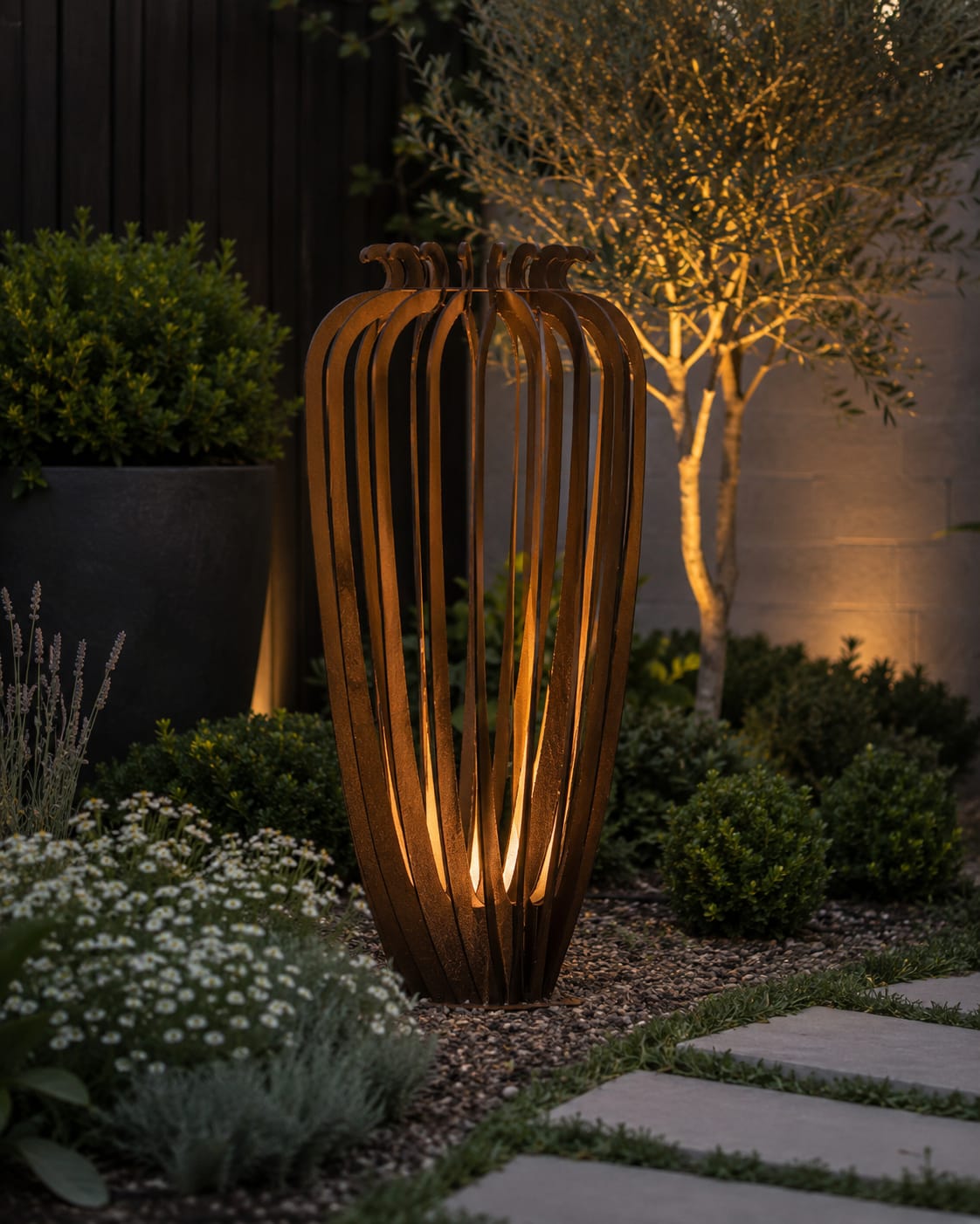 Urn Garden Sculpture | Modern Corten Steel Outdoor Art